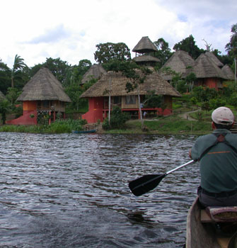 Arrival at Napo Wildlife Centre with observation tower centre right in background